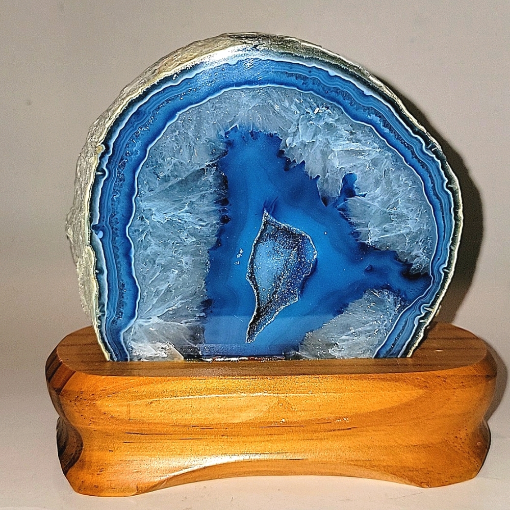 BLUE AGATE DRUZY HEALING CRYSTAL ON A WOOD BASE